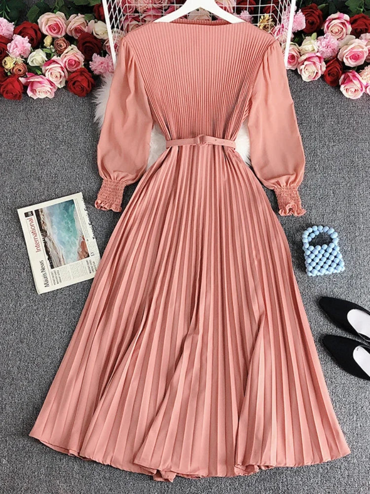 Women's Long Sleeve Pleated Elastic Waistband Dresses