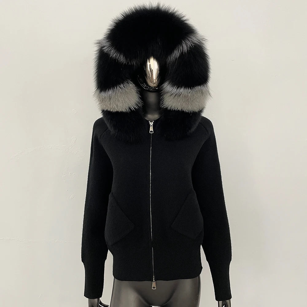 Female Real Fox Fur Collar Zipper Cardigan Jacket