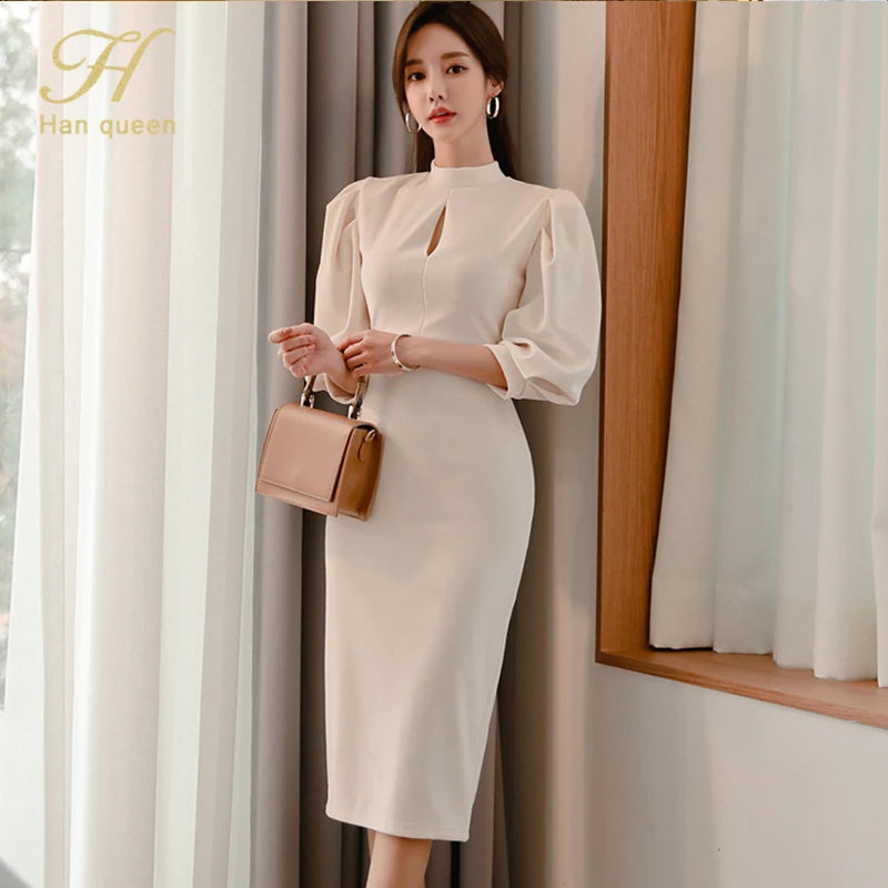 Stand Collar Puff Sleeve Bodycon Midi Dress