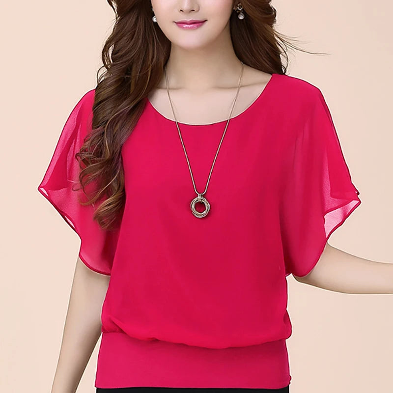 Ladies Short Sleeve O-Neck Slight Strech Blouse Shirt
