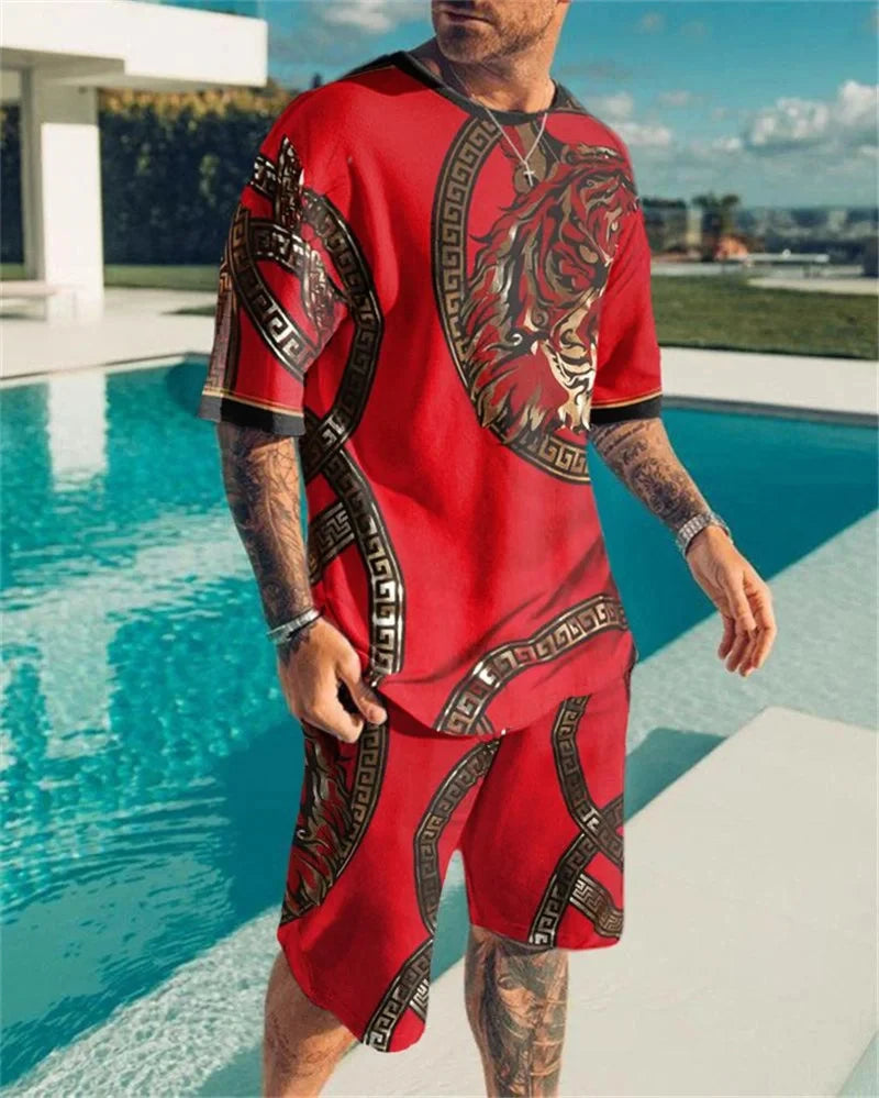 Men's 3D Lion Print O-Neck Short Sleeve Tracksuit