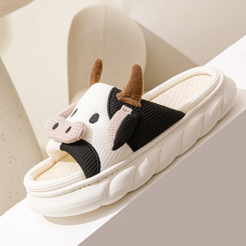 Cartoon Cow Linen Slippers for All