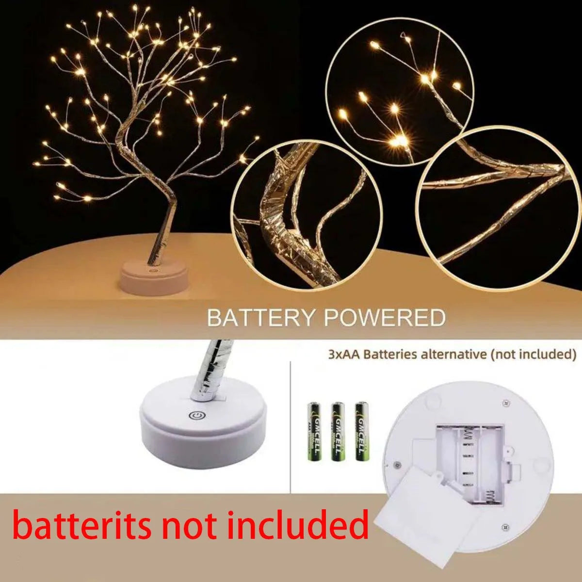 Guirlande lumineuse LED blanche chaude pour arbre - Lampes à guirlandes étoilées en cuivre alimentées par USB/batterie