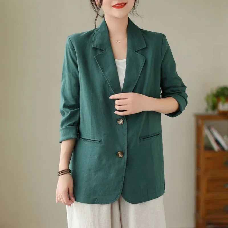 Long Sleeve Cotton Linen Vintage-Inspired Summer Blazer with Lapel Neck