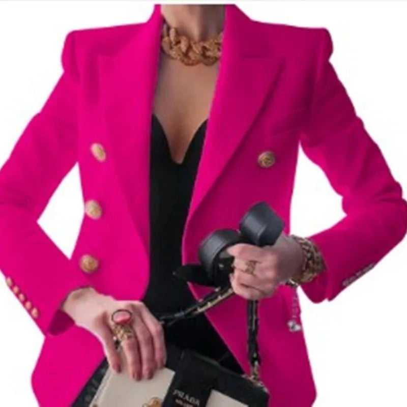 Women's Slim Elegant Double Breasted Metal Lion Buttons Blazers