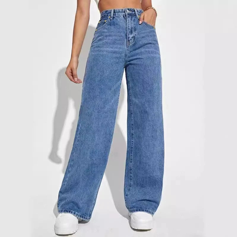 Neue lockere Jeanshose mit hoher Taille und weitem Bein für Damen