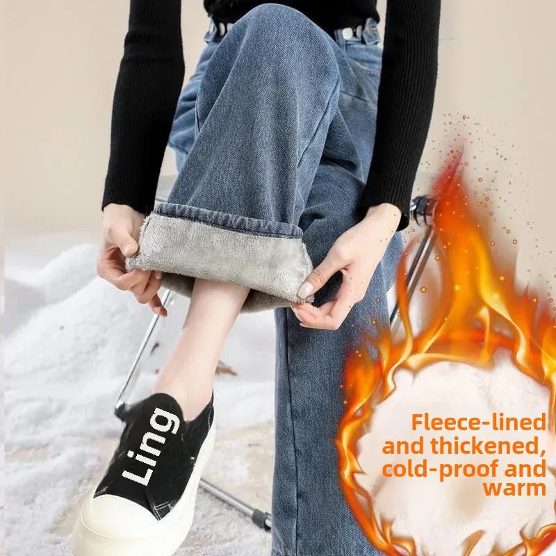 New Winter Classic High Waist Fleece Jeans for Women