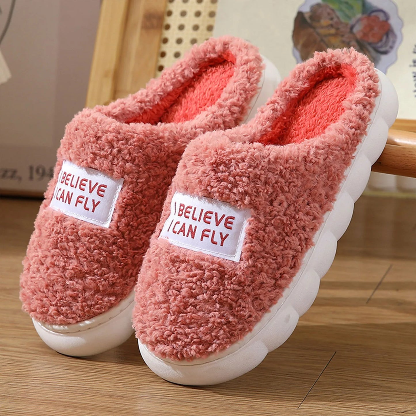 Winter Warm Fluffy Slippers High Heels Plush Thick Sole shoes