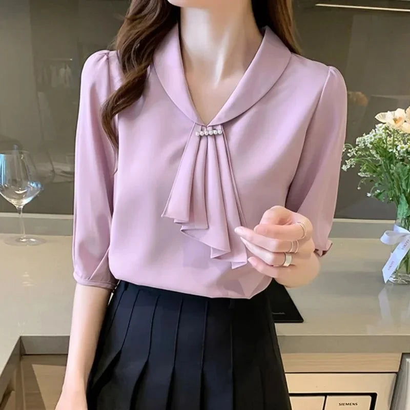 Women's Short Sleeve Bow Tie Chiffon Office Blouse
