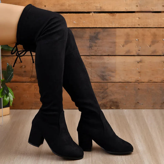 Women Sexy High Heel Suede Lace Up Thigh Knee Boots