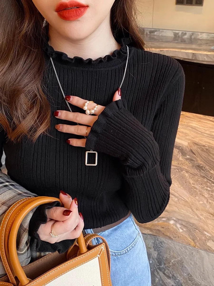 Long Sleeve Slim Elastic Knitted Women's Mock Neck Sweater