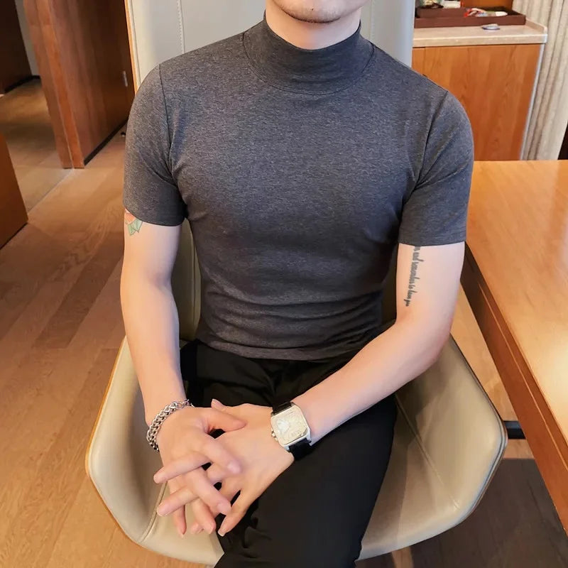 Solid Color Turtleneck Short Sleeve Men T Shirt