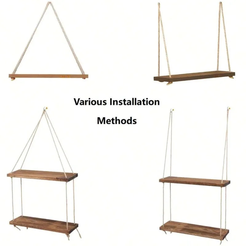 1PC Wooden Swing Hanging Hemp Rope Wall Shelves Mounted Floating Home Living Room Plant Flower