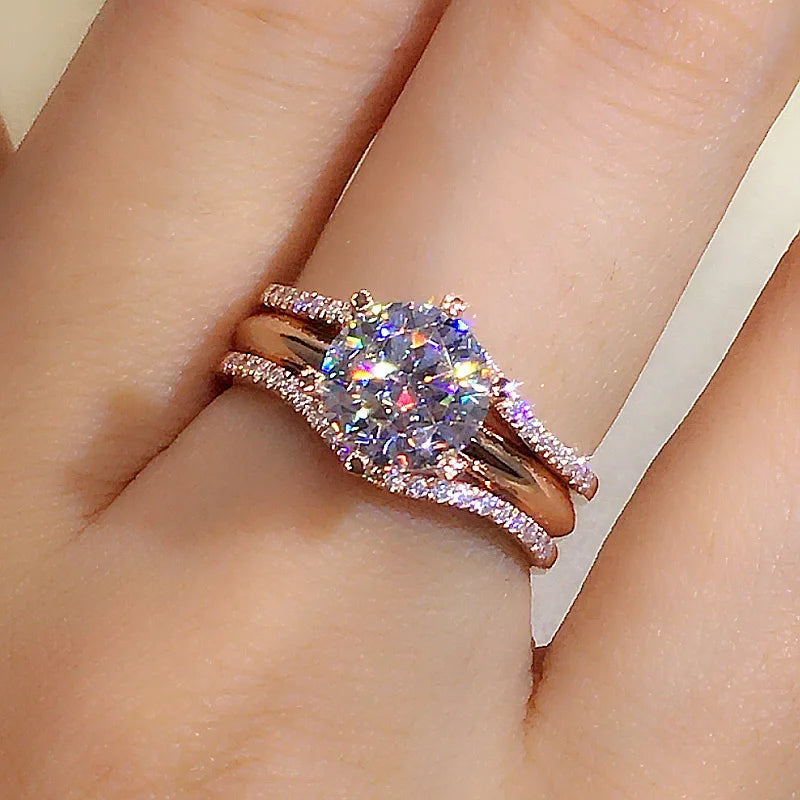 Unique Rose Gold Color Rings - Women Classic 6 Claws Designed Cubic Zirconia Rings