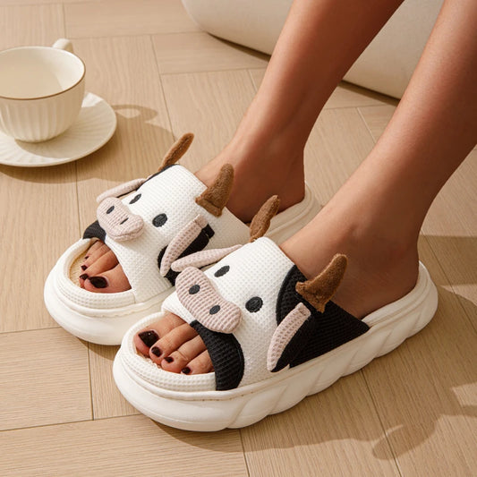 Cartoon Cow Linen Slippers for All