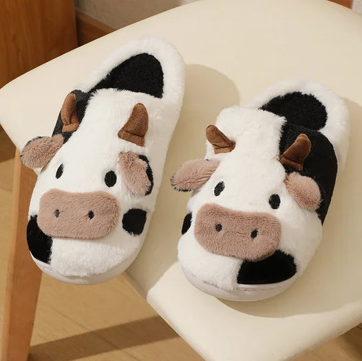 Unisex Winter Warm Plush Cartoon Cow Slippers