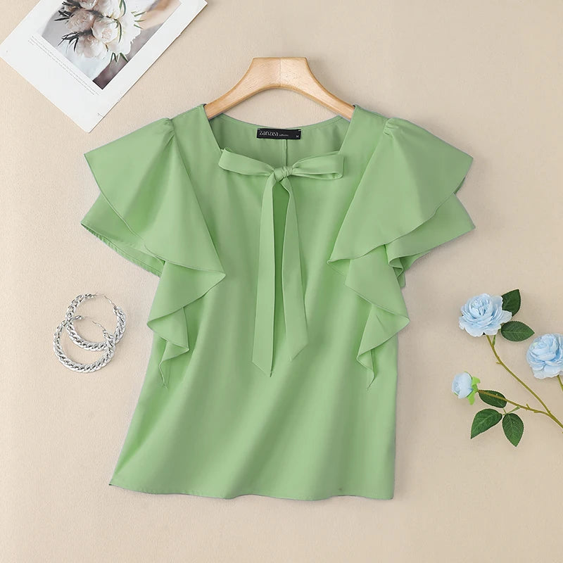 Women Ruffled Sleeve Round Neck Blouses