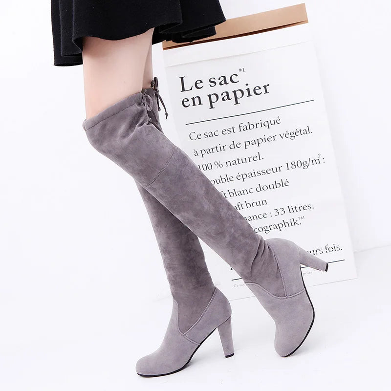 Women Sexy High Heel Suede Lace Up Thigh Knee Boots