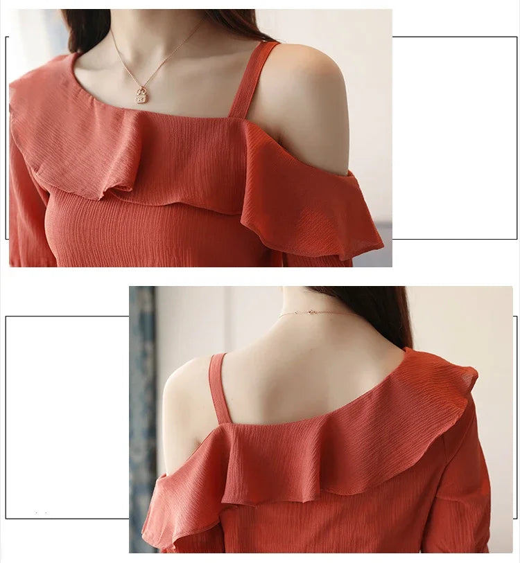 Women Short Sleeve Chiffon Off Shoulder Blouse