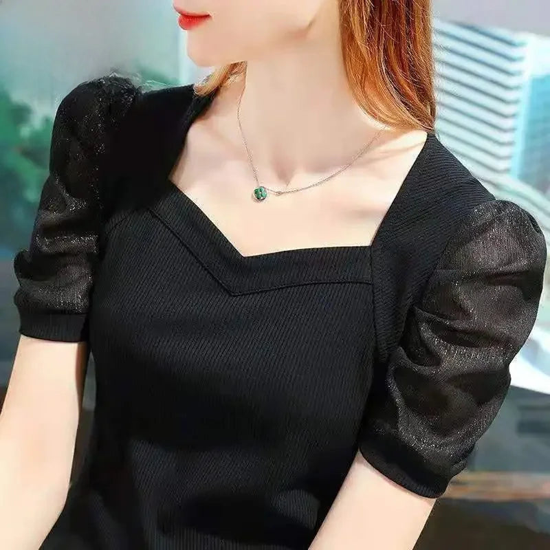 Women Silk Slim Puff Sleeve SquareCollar Blouse