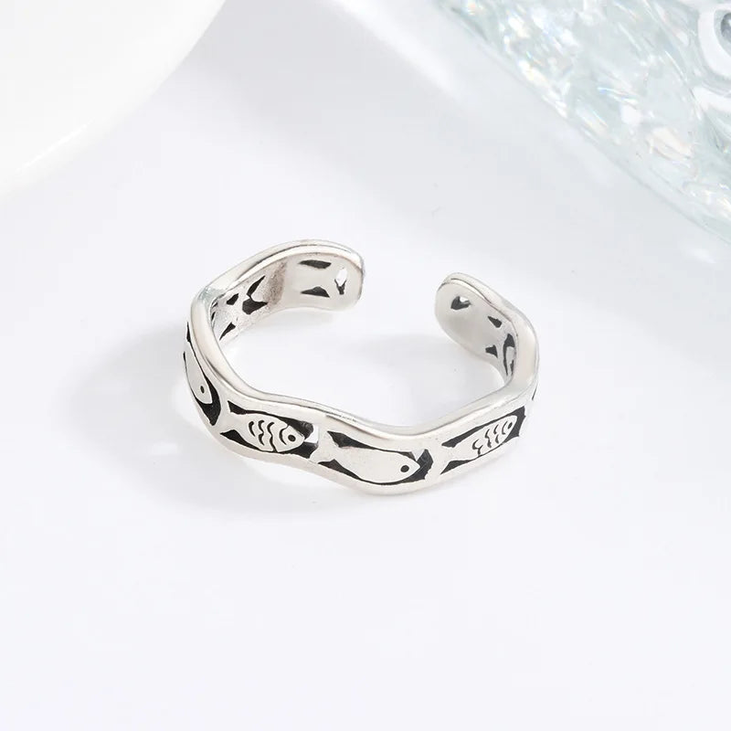 Women's 925 Sterling Silver Wave Fish Finger Rings