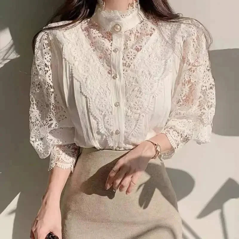 Women's Lace Up HollowOut Stand Collar Shirt Blouses