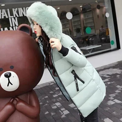 Women's Long Sleeve Cotton Fur Collar Hoodie Coat