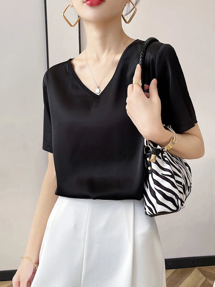 Women's V-Neck Silk Summer Acetate Blouse