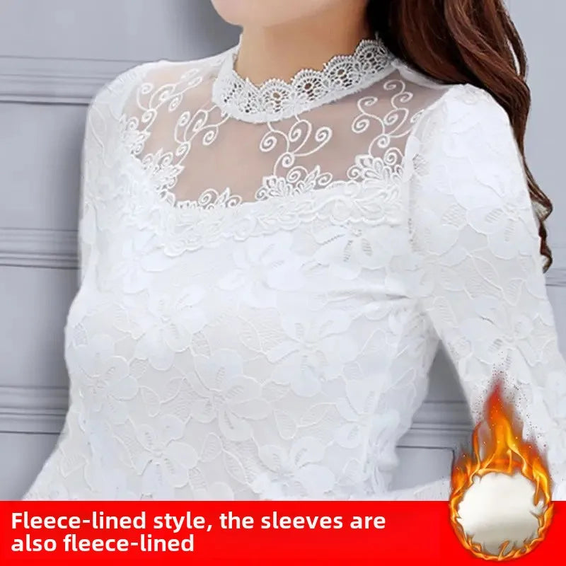 Women's Lace Slim-Fit Turtleneck Organza Blouse
