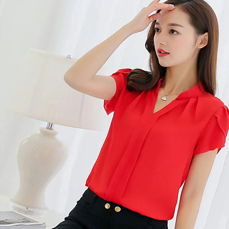 Women's Short Sleeve Stand Collar Chiffon Blouses