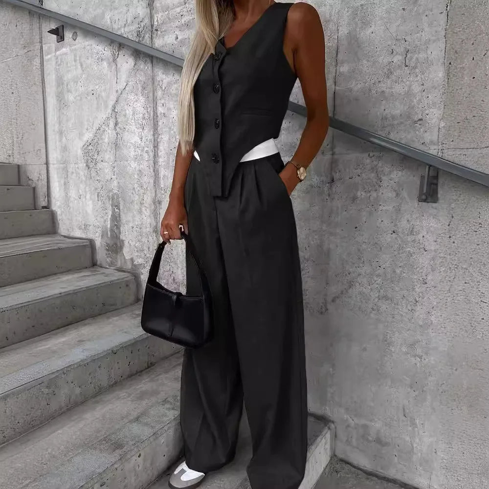 Women's Sleeveless Blazer and Wide Leg Pants