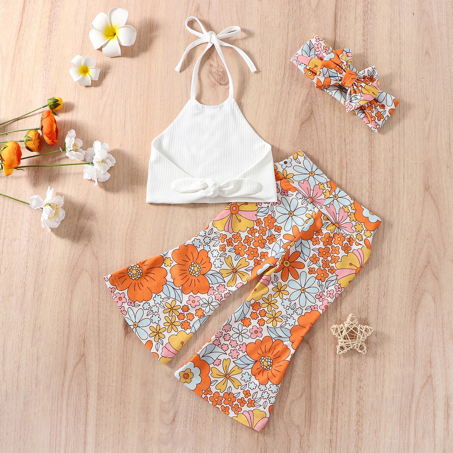 Girls' Printed Trousers Suit With Headdress