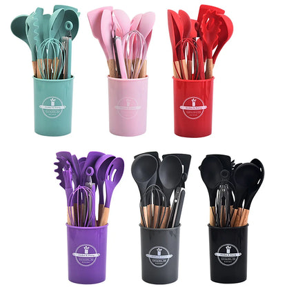 12-Piece Silicone Wooden Handle Cooking Utensils Set