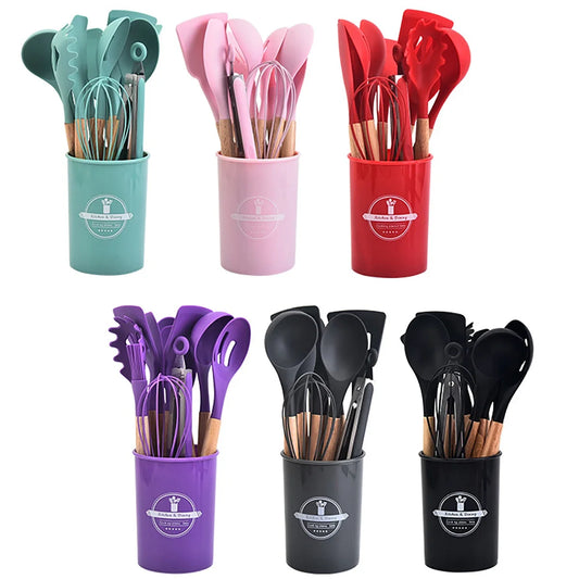 12-Piece Silicone Wooden Handle Cooking Utensils Set