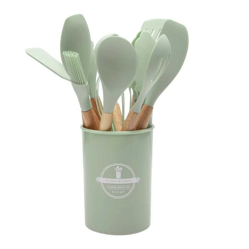 12-Piece Silicone Wooden Handle Cooking Utensils Set