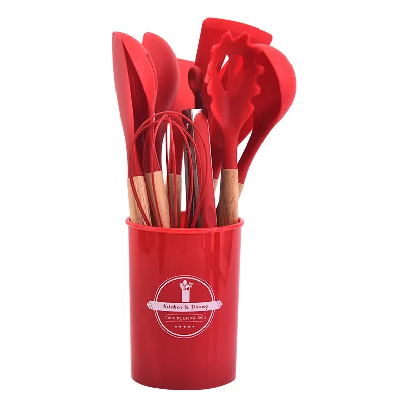 12Pcs Silicone Wooden Handle Kitchen Utensils
