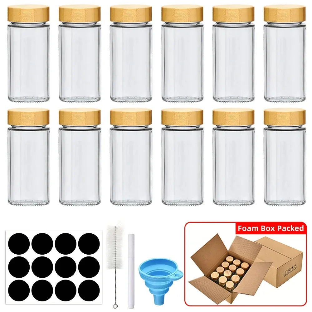 12 pcs Kitchen Glass Spice Jars Set with Bamboo Lids