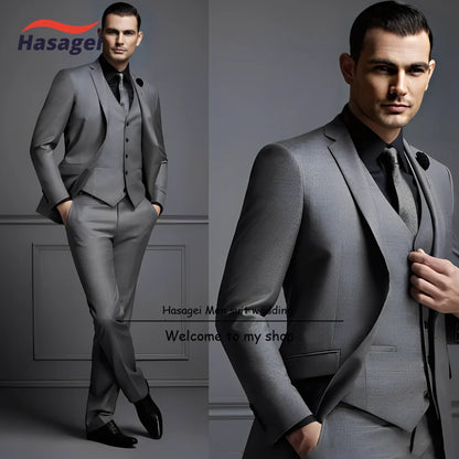 Costume élégant gris foncé pour homme, trois pièces, smoking de mariage, coupe slim, veste, pantalon, gilet, costume de fête formel pour homme