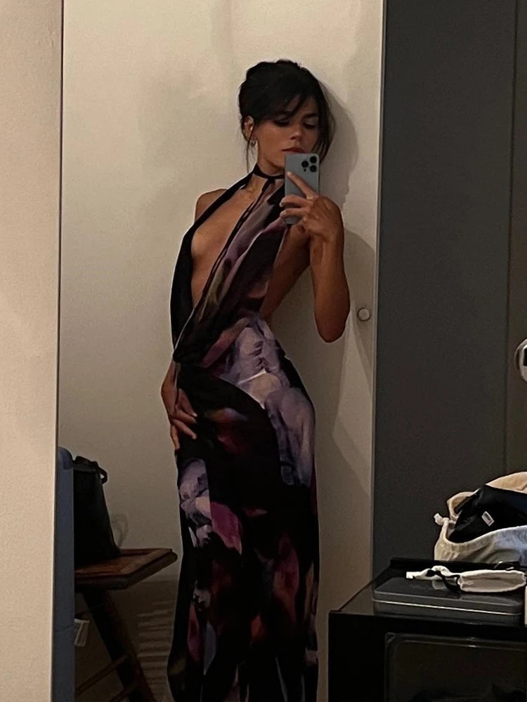 Sexy rückenfreies Maxikleid aus Netzstoff mit Print