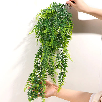 Hanging green plant held by hands against a light background