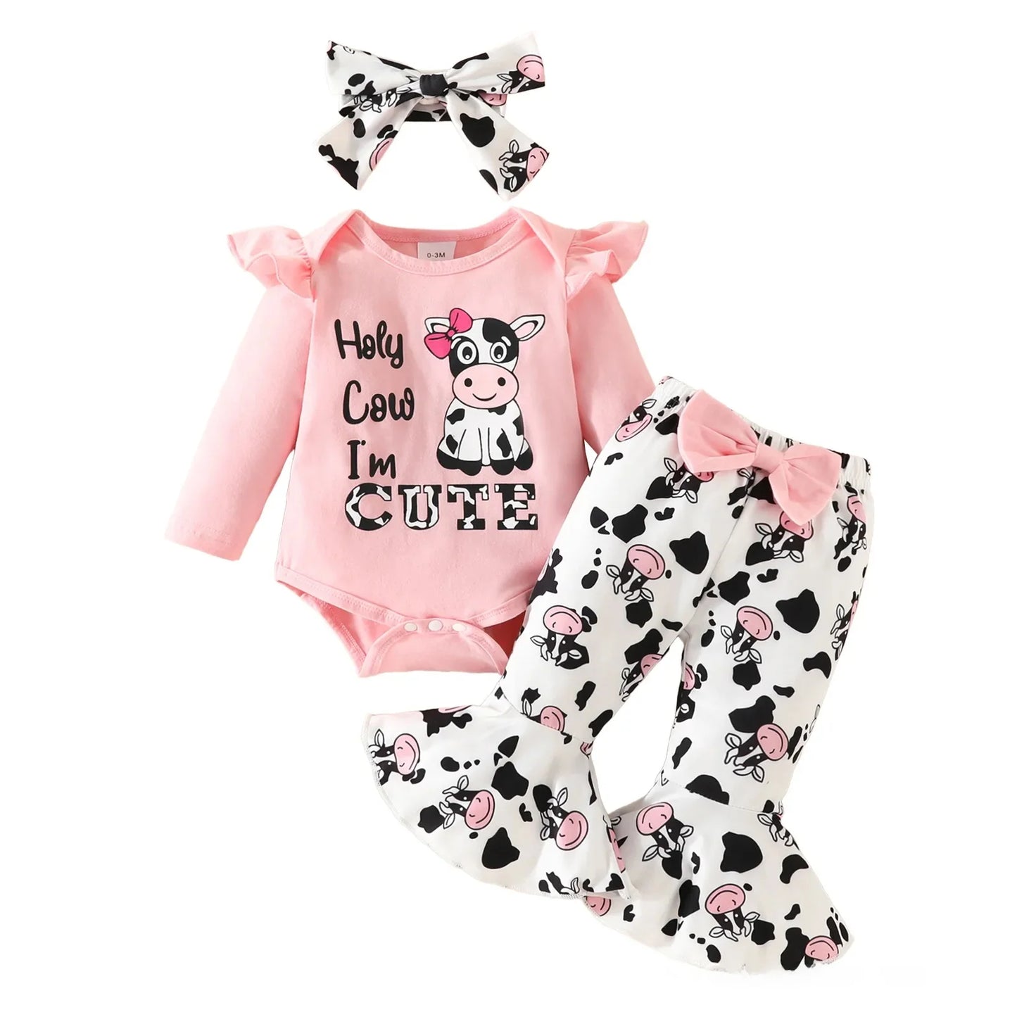 Baby Cow Print Long Sleeve Bow Tie 3 Piece Suit