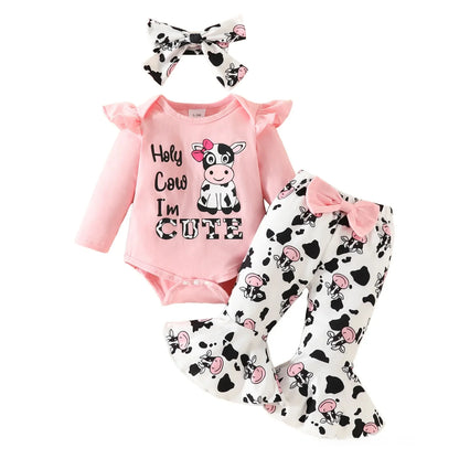 Baby Cow Print Long Sleeve Bow Tie 3 Piece Suit