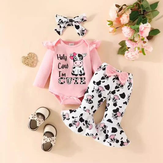 Baby Cow Print Long Sleeve Bow Tie 3 Piece Suit