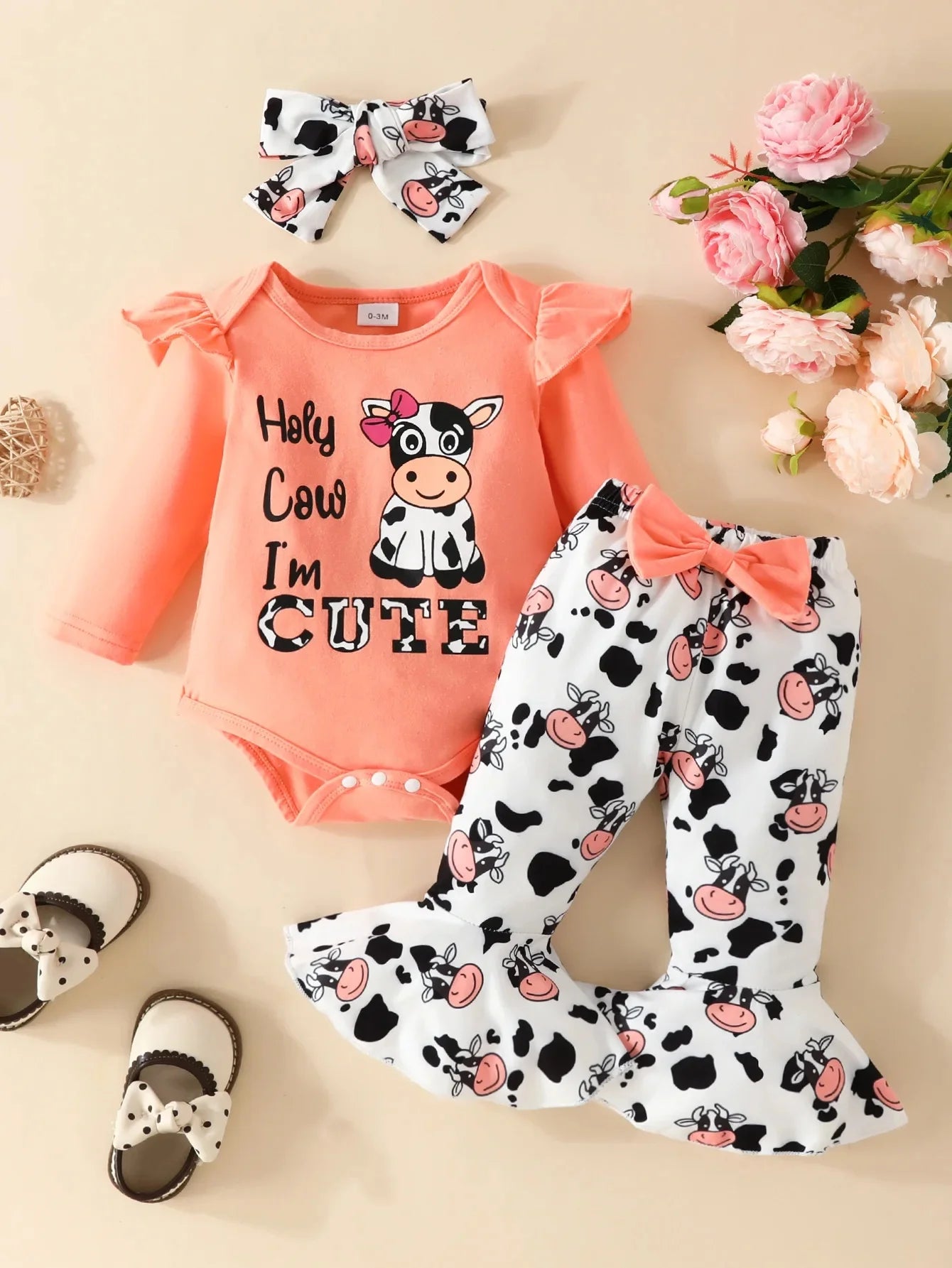 Baby Cow Print Long Sleeve Bow Tie 3 Piece Suit
