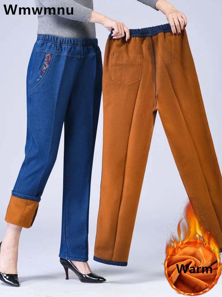Buy Velvet-Lined High Waist Mom Jeans