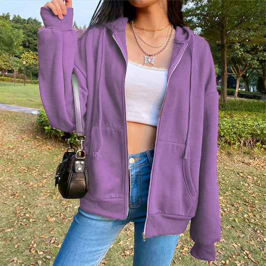 Chic Autumn Long Sleeve Zipper Fleece Hoodie