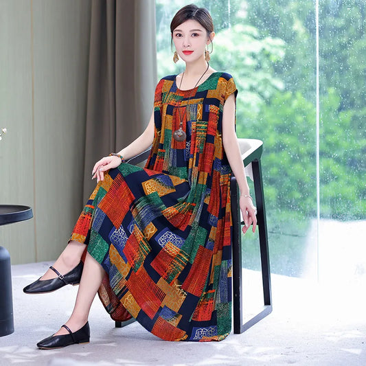 Cotton Loose O-Neck Women Plus Size Print Dresses