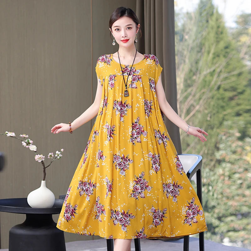 Cotton Loose O-Neck Women Print Dresses