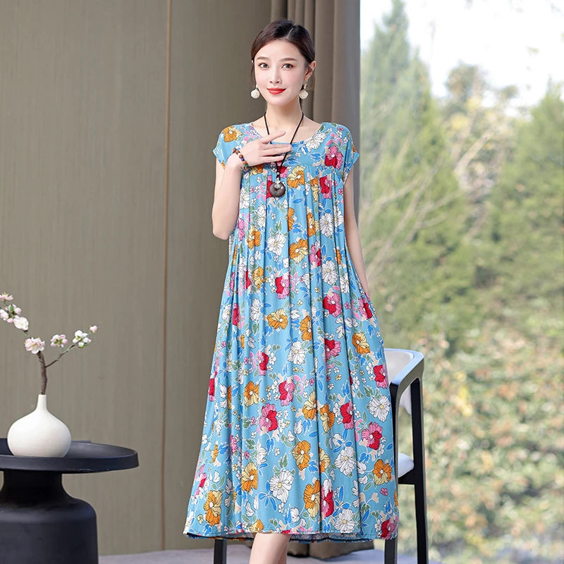 Cotton Loose O-Neck Women Print Dresses