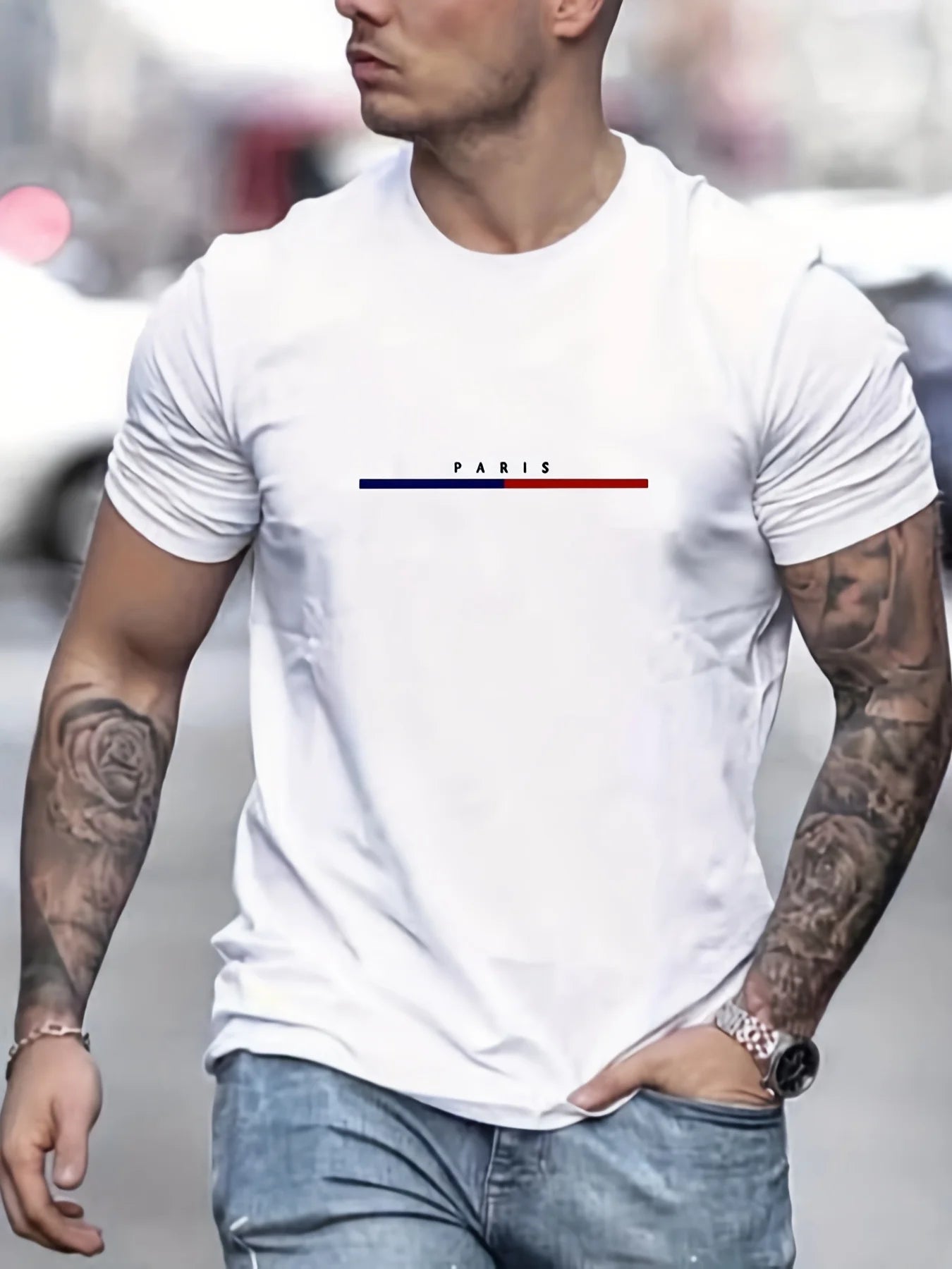 Crew Neck Oversized Men's Paris Letter T-Shirt